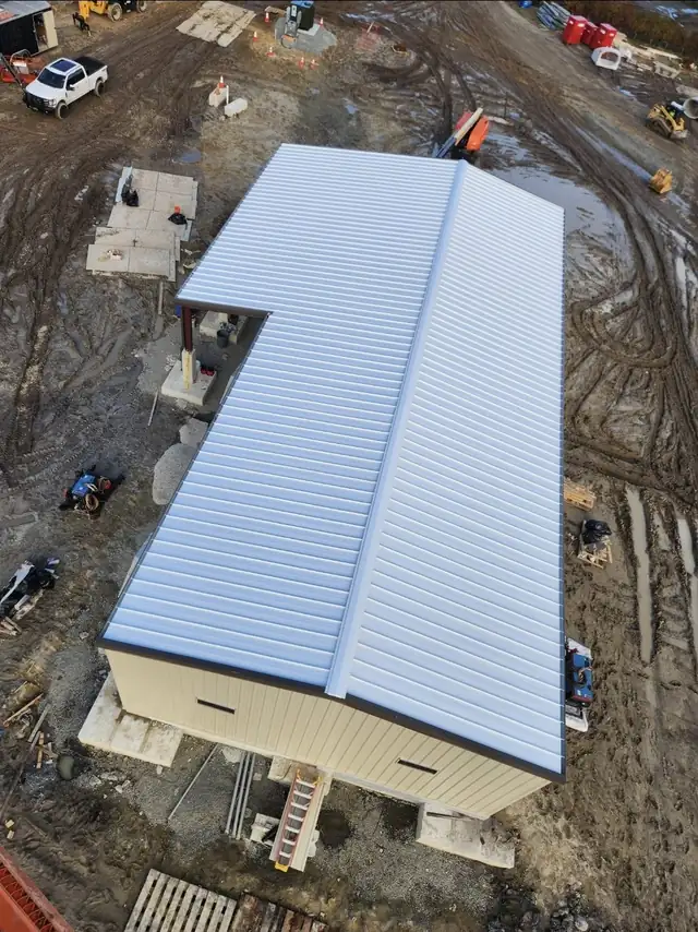 Aerial view of a pre-engineered metal building at a gas facility